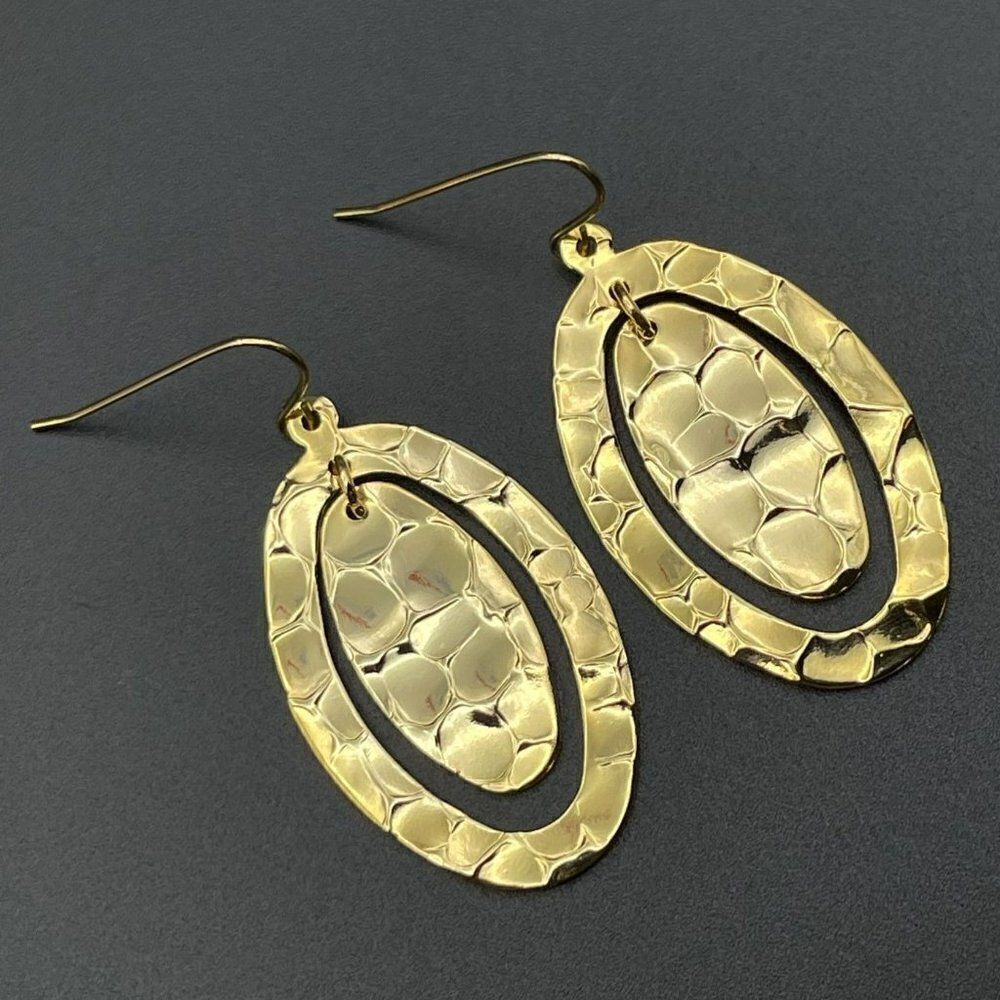 Yellow Gold Hammered Double Oval Shiny Dangling Drop Hook Earrings